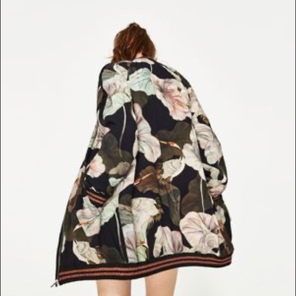 ZARA LONGLINE FLORAL BOMBER JACKET